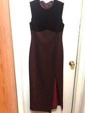 Burgundy Velvet Top Long Dress Size 12 Lined With Open Back Jewel Buttons TAHARI