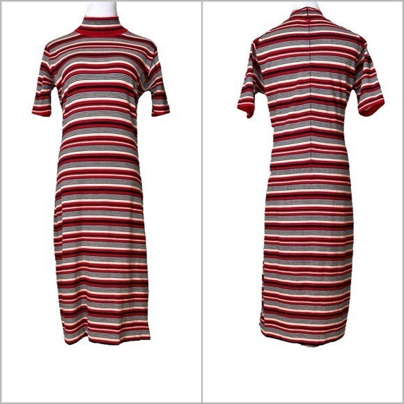 Marchesa di Grésy Vintage Italian-Made Striped Wool Midi Dress Red