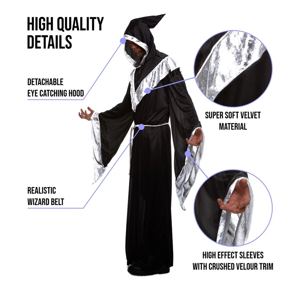 Disfraz de Mago Negro para Hombre M - XXL Adulto Merlín Hechicero Bata con Capucha Halloween Foto 3 de 4
