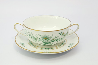 Hutschenreuther Racine Jardin Suppentasse + Untertasse grün geblümt goldrand
