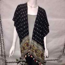 Black Border Print Kimono w/ colored Tassels