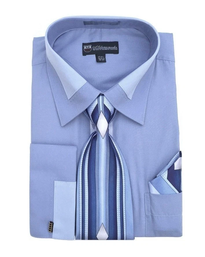 Camisa de vestir de puño francés de diseño único para hombre cuello acento con corbata y pañuelo #34 Foto 4 de 4