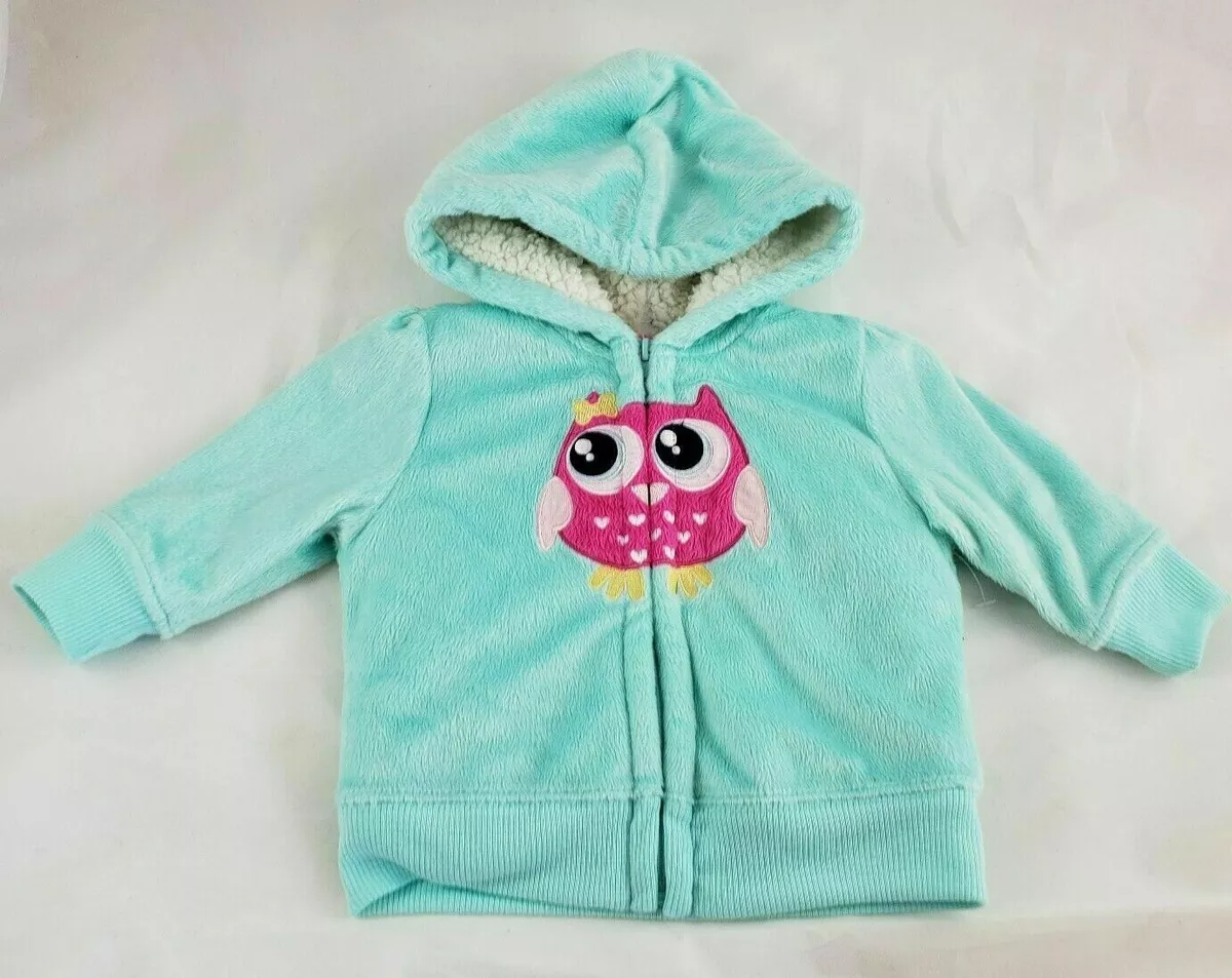 Healthtex Baby Girls Mint Green Plush Pink Owl Hoodie Sweatshirt NWT 12 Months