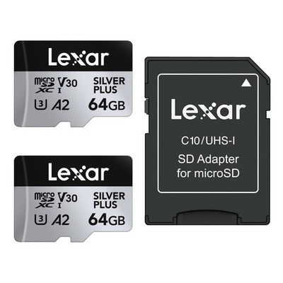 Lexar Silver Plus 64GB 2er Pack Micro SD Karte bis zu 205 MB/s, x 2, silber 