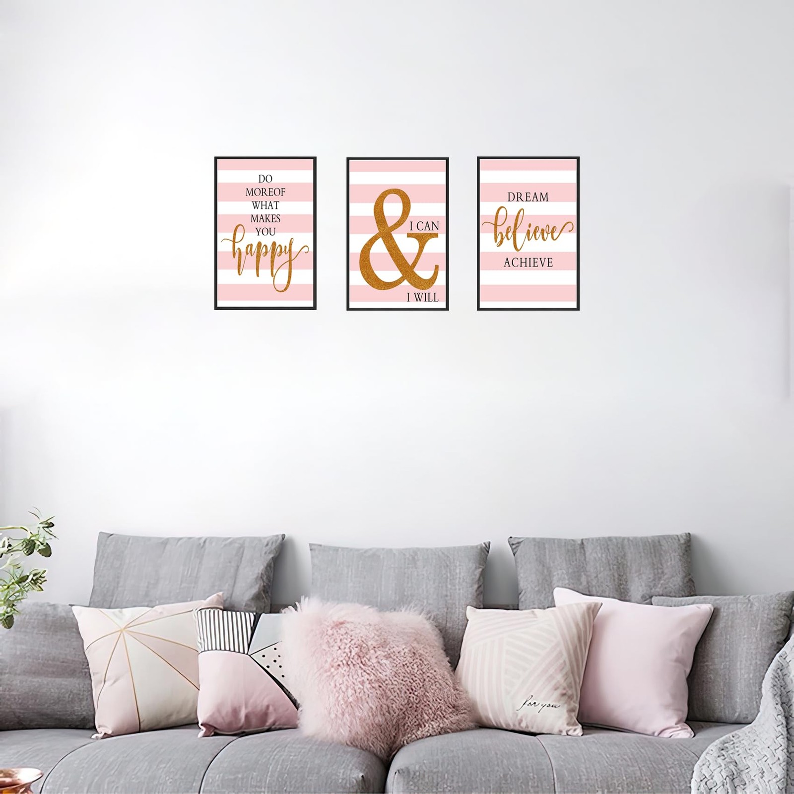 Set of 3 Posters - Frame Pink Motivational Quotes Canvas Pictures Art ...