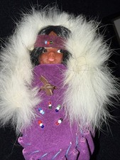 VTG Native American Indian Doll Moccasin Real Fur Beaded Canada Purple Suede GC