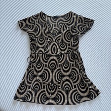 Black Beige Geometric Flutter Sleeve V-Neck Tie Fit & Flare Short Dress