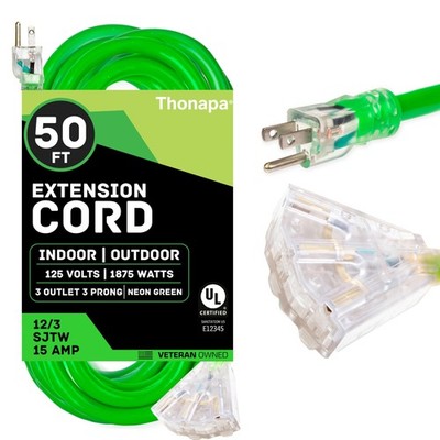 50 Foot Outdoor Extension Cord with 3 Electrical Power Outlets - 12/3 SJTW Green