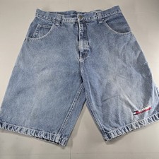 Vintage Tommy Hilfiger Denim Blue Shorts Y2K Mens 38 Embroidered Baggy Grunge