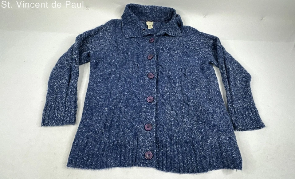 Suéter cardigã vintage LL Bean azul malha cabo mistura de lã. Feminino - Tamanho 3X - Imagem 3 de 4