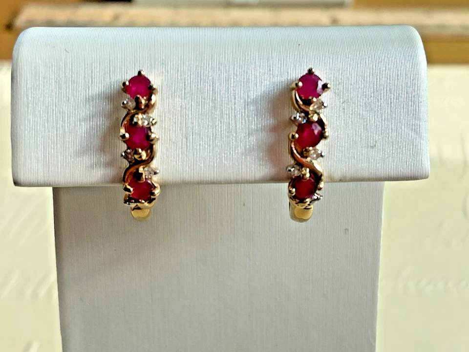 10K Gold Ruby & Diamond Hoop Earrings - Image 2 of 4