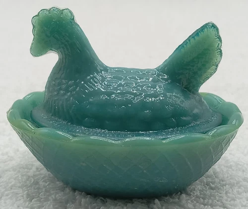 Green Blue Milk Glass Hen on Nest Cellar Salt Dish Covered Mini 2" Vintage