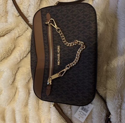 Michael Kors Small Jet Set Crossbody Bag with Gold Chain Brown Signature Logo