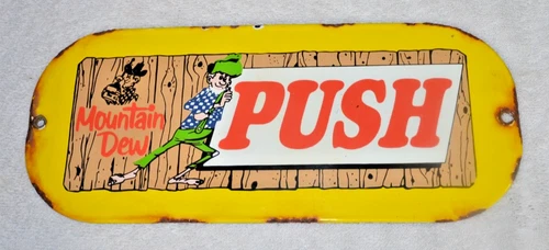 VINTAGE MOUNTAIN DEW PORCELAIN PUSH PULL SIGN SODA BEVERAGE GAS OIL 12"