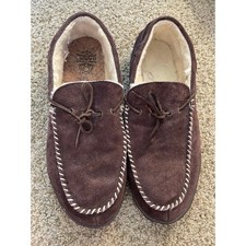 Eddie Bauer Mens Brown Suede Shearling Lined Moccasin Slippers Size 14