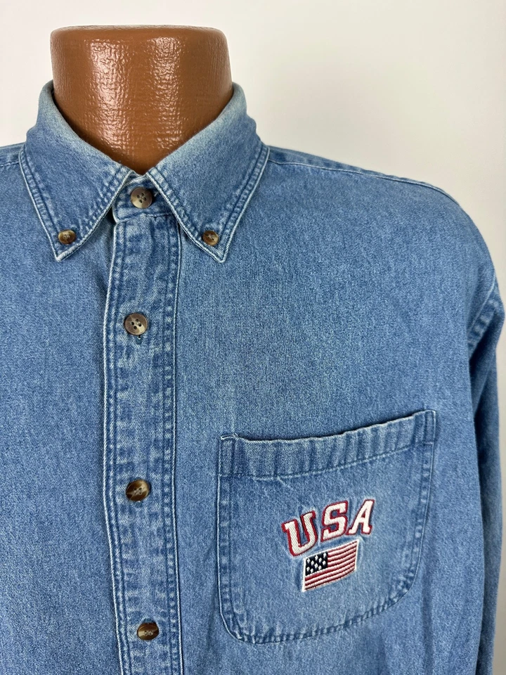 Vintage USA Denim Shirt Men Medium Button Down Long Sleeve Blue Croft Barrow Y2K - Image 3 of 4