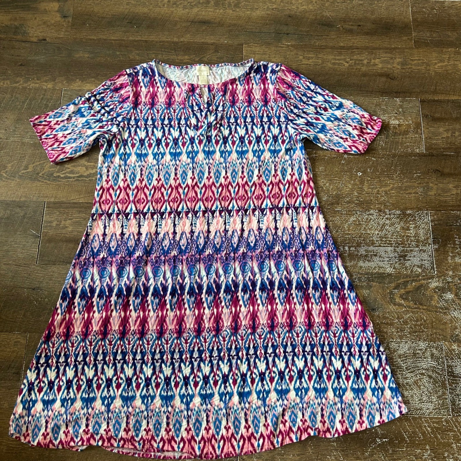 Chicos Pink Blue Ikat Print Shift Dress Womens Size 3 Large Short Sleeve