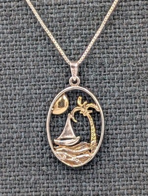 Vtg Sterling Two-Tone Open Tropical Ocean Scene Pendant 18'' Box 925 Necklace 