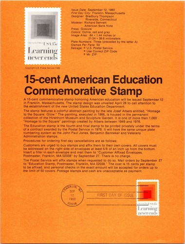 USPS FDC First Day Cover Souvenir Sheet American Education Stamp Scott #1833
