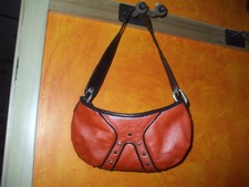 Petusco Orange Brown Studded Lined Two Pockets Leather Handbag Baguette Purse