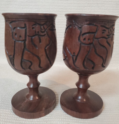 Vintage Hand Carved Wood Elephant / Rhino  Goblet Glasses - Set of 2 - Picture 5 of 7
