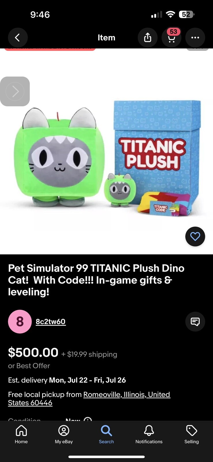 Pet Simulator 99 Titanic Dino Cat Plush With Baby. DLC CODE INCLUDED eBay