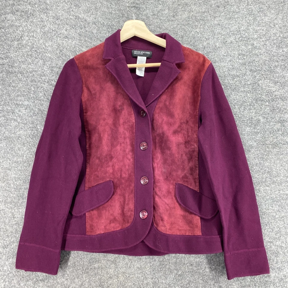 Blazer Jones New York Mujer M Mediano Púrpura Abotonado Cuero Manga Larga Foto 3 de 4