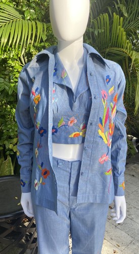 Vintage Mexican Chambray Woman’s 3 Piece Pant Suit Embroidered 1970’s S - Picture 12 of 13
