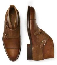 Hecho a mano Hombres Cuero Marrón Doble Monje Botines Motociclista Botines para Hombres