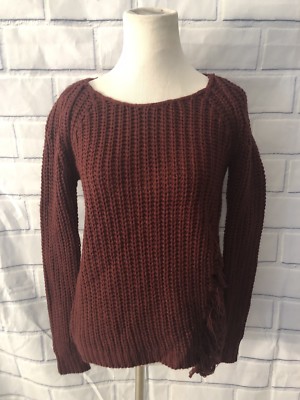NWT Planet Gold Chunky Knit Sweater Sz XS Maroon Back Zip Long Sleeve Distressed