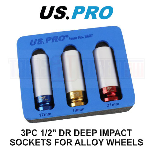 US PRO Tools 3PC 1/2"" DR Alloy Wheel Impact Sockets 17, 19, 21mm 3837