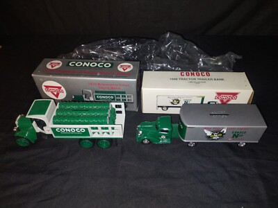 NIB Vintage Lot Of 2 Ertl Conoco 1925 Kenworth Stake  1948 Tractor Trailer Bank