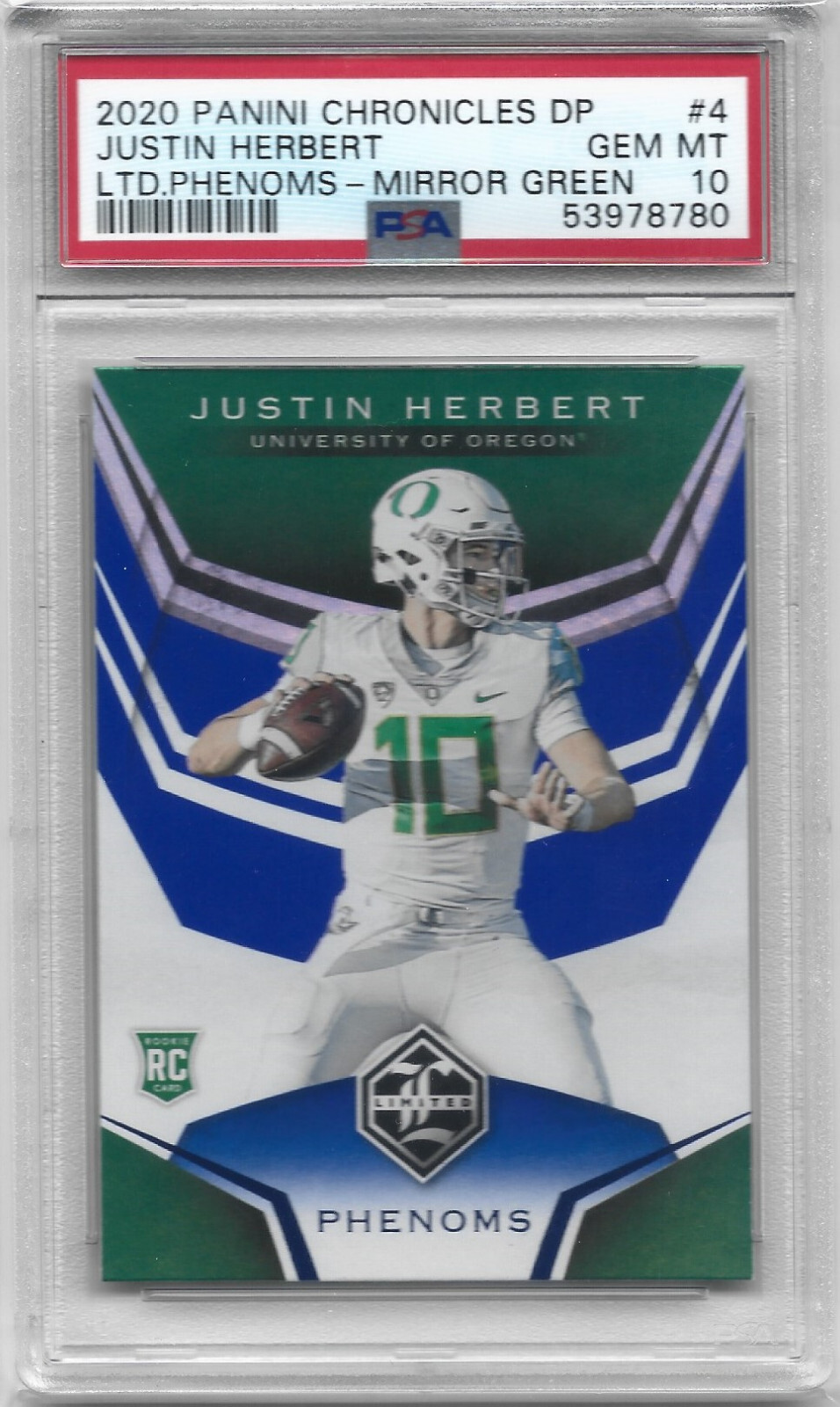 Justin Herbert Panini Chronicles Draft Picks Limited Phenoms #4 Mirror Green