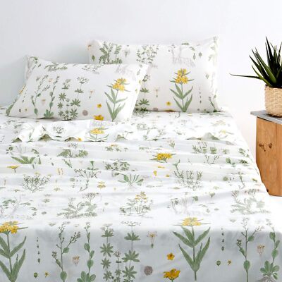 Wake In Cloud - Queen Size Bed Sheets, 100% Queen, Botanical Yellow Green 