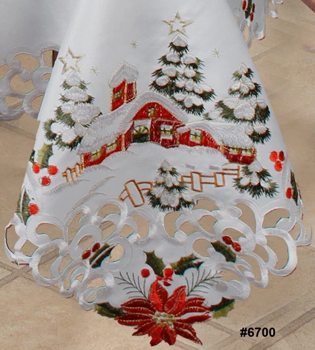 Holiday Christmas Tree Red Poinsettia Snowy Cabin Tablecloth & Napkins White - Image 4 of 4