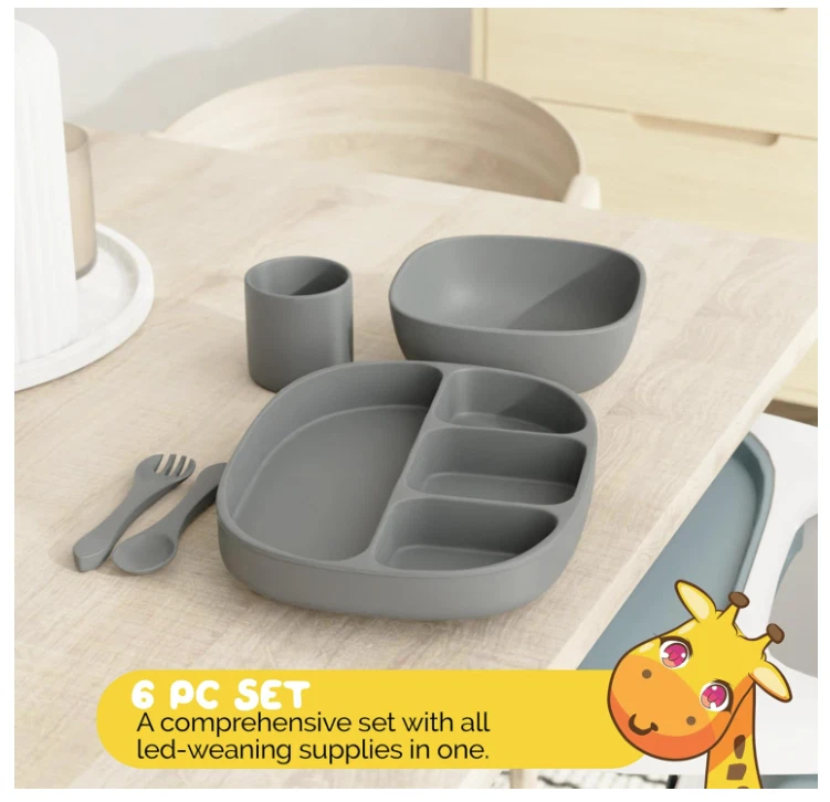 Juego de alimentación para bebé, 6 piezas - gris guijarro, ventosa, plato, babero, cuchara y tenedor Foto 2 de 4