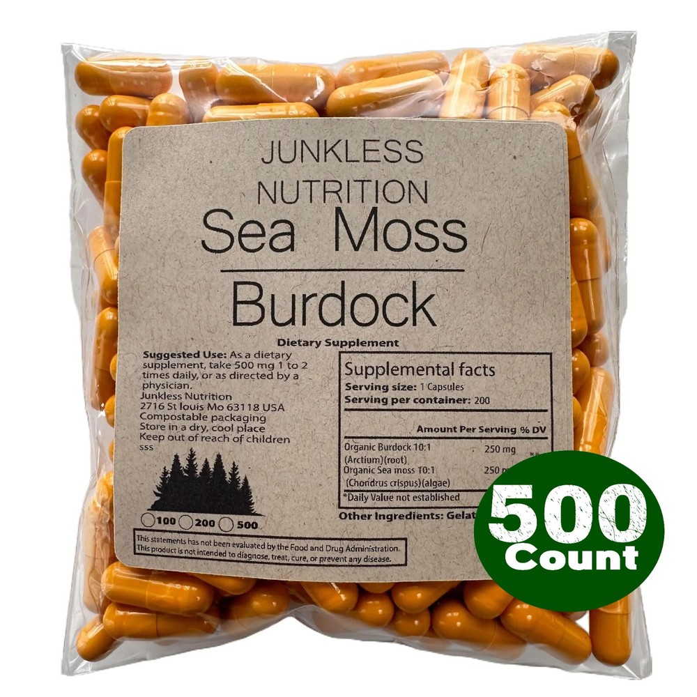 Organic Sea Moss Capsules 500mg,Irish Moss, w/ Burdock Dietary Supplement