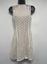 LADAKH Crochet Lace Sheath Sleeveless Tan Lining Stretch Cocktail Mini Dress S