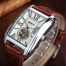 Retro Men's Watch Automatic Mechanical Wrist Watch Skeleton Leather Rectangle