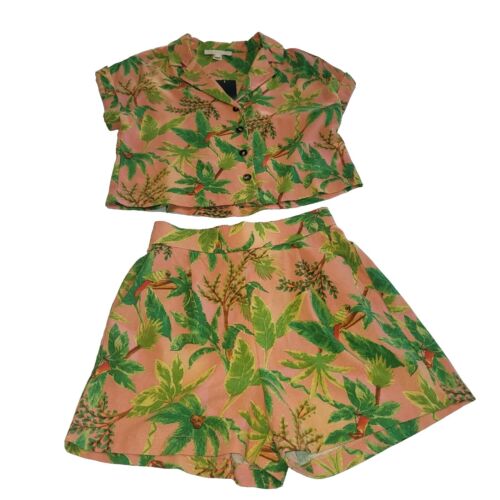 Monteau Los Angeles Hawaiian S Crop Top Short Set Linen SummerBeach Vacation NWT