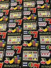 LUCKY SEVEN SLOT MACHINE FRUIT POKER CHIPS BLACK COTTON FABRIC FQ
