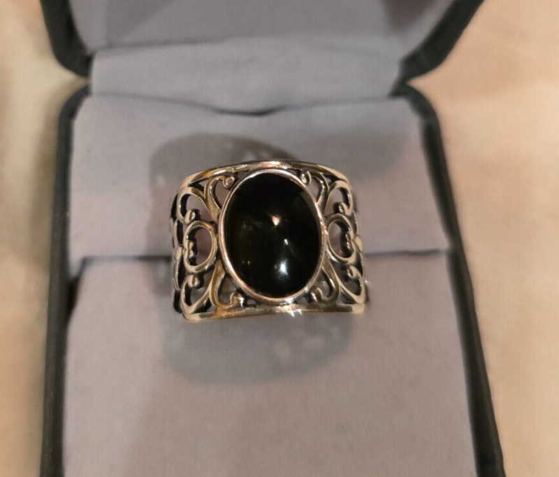 Women 925 Silver Scroll Oval Black Onyx Ring, 8
