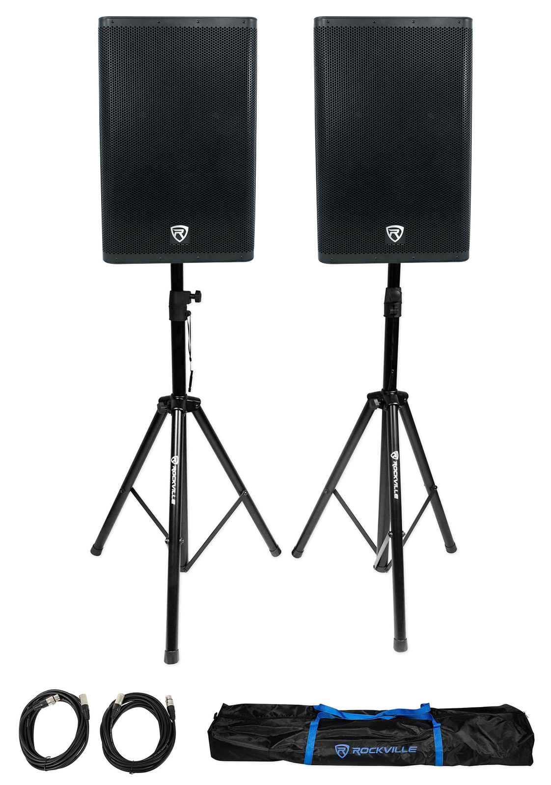 (2) Rockville DX15 15 Активных акустических систем для диджеев мощностью 2000 Вт + Подставки + Кабели + Сумка