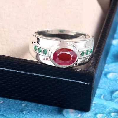 Heizbar Rubin & Grün Onyx Edelstein Mit 925 Sterlingsilber Ring für Herren #5711 - Bild 1 von 4