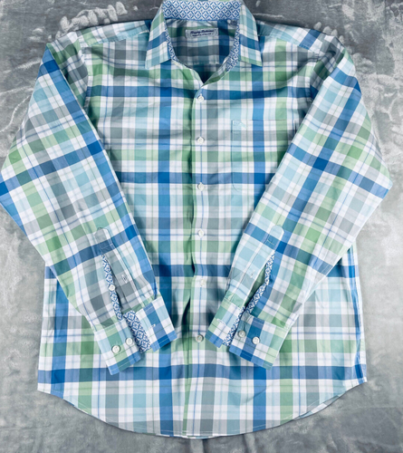 Tommy Bahama Sarasota Stretch Button Up Shirt Mens Large Blue Plaid Flip Cuff