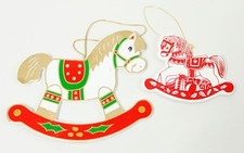 Vintage Gold White Red Painted Wood Rocking Horse Lot of 2 Christmas Ornament
