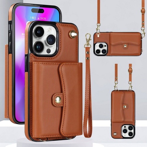 Leather Crossbody Card Wallet Phone Case For iPhone 11 12 13 14 Samsung S22 S23 - Picture 26 of 30