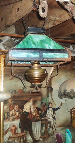 ANTIQUE MISSION ARTS CRAFT CEILING GREEN SLAG GLASS SHADE OIL LAMP METAL BRACKET - Picture 15 of 18