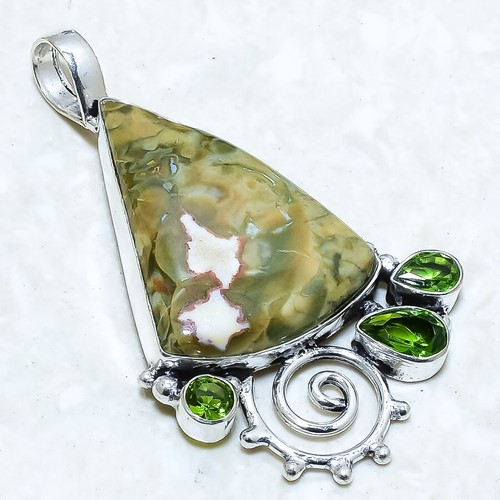Ocean Jasper, Peridot Gemstone Handmade Silver Jewelry Pendant with 2.3"