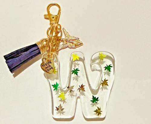 Resin Initial Keychain with Metallic Maple Leaves, includes 2 Charms & a Tassel - Picture 20 of 48